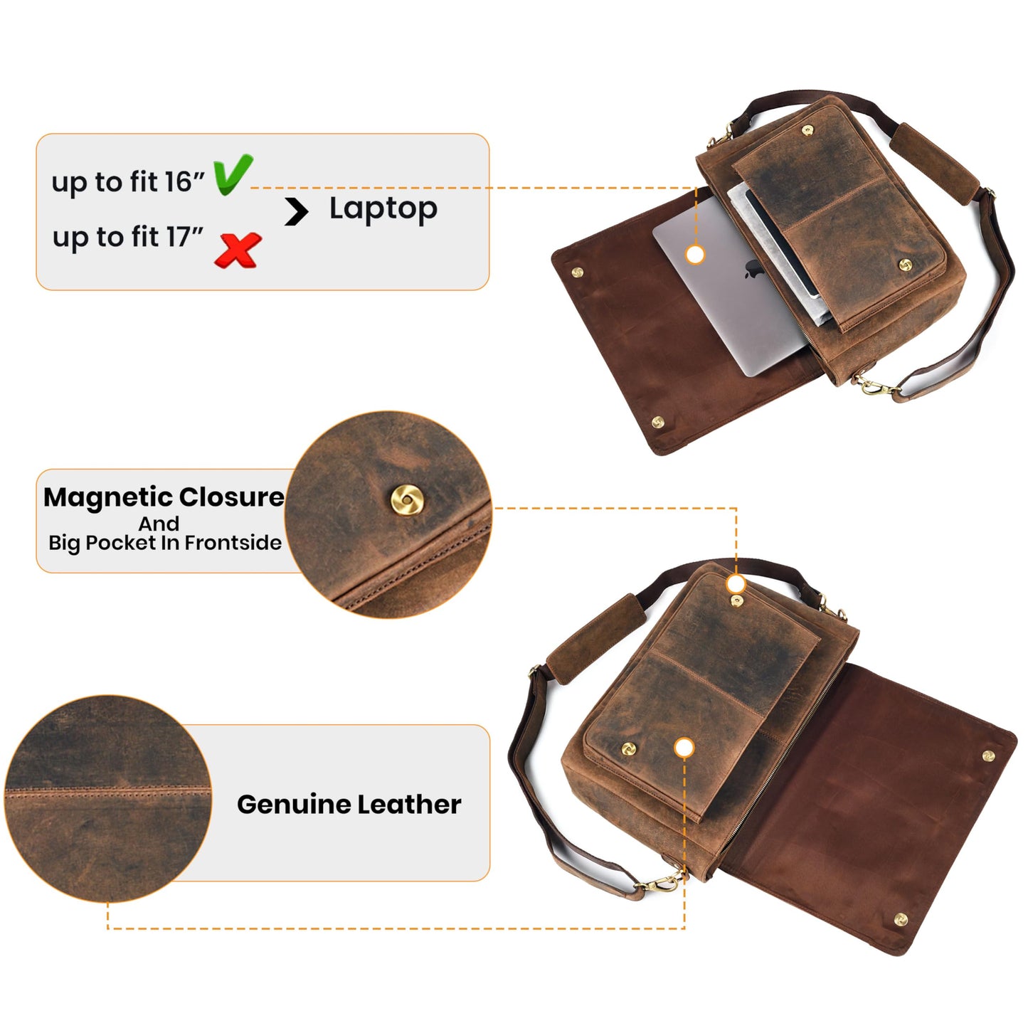Genuine Leather Handmade Laptop Messenger Bag-16 Inch Satchel - Brown Shoulder Bag for Men & Women, Crossbody Work Bag for Travel, Office, and Daily Use