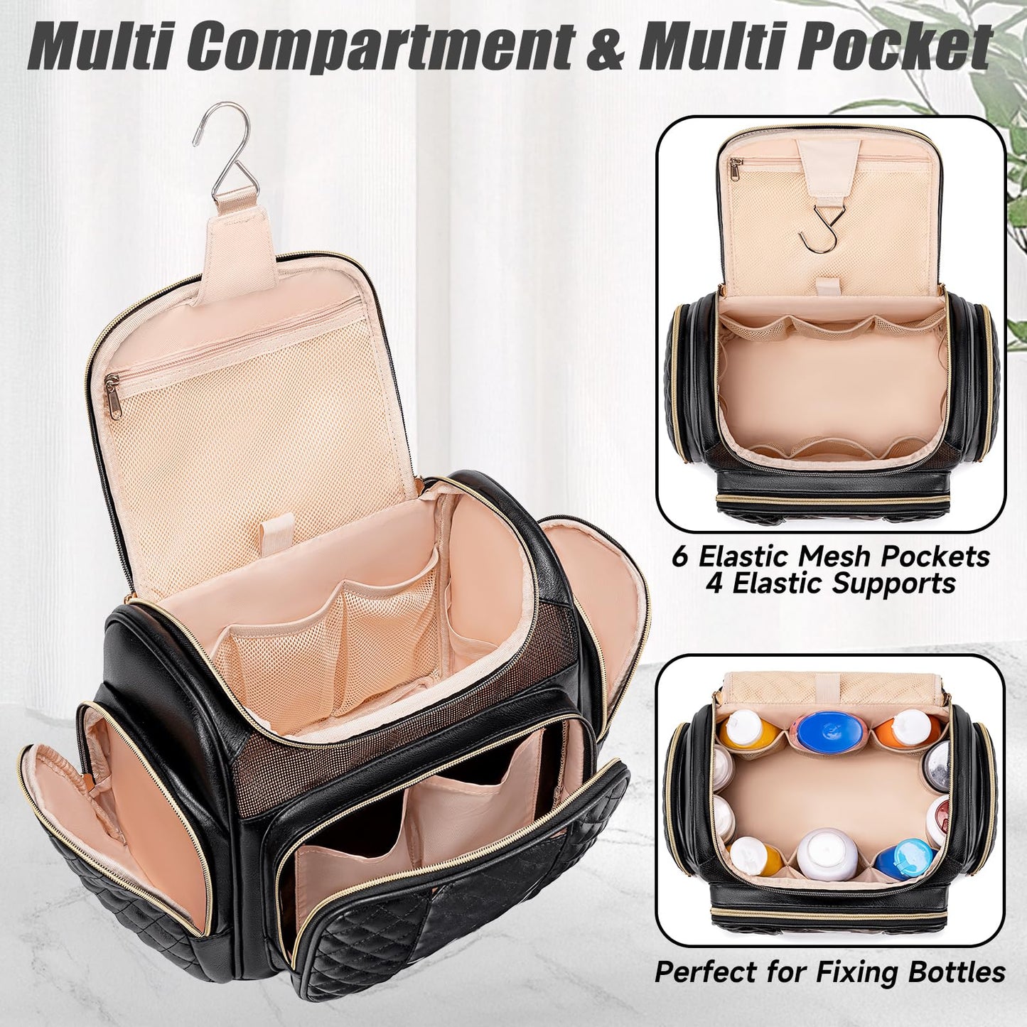 Large Leather Toiletry Bag for Women Men,Bathroom Bag,Water Resistant Shower Bag,Makeup Bag,Portable Shower Caddy for College Dorm,Hanging Travel Toiletry Bag with Transparent Waterproof Phone Pocket