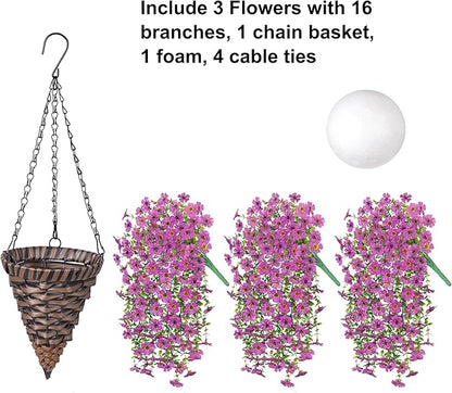 HyeFlora Artificial Hanging Flowers Basket for Outdoor, Fake Flowers Faux Plants Look Real for Yard Gardens Porch Patio Home (Purple)