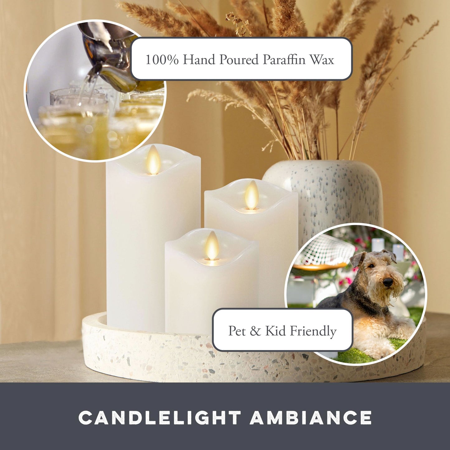 Matchless Candle Co. by Luminara Set of 3 Flameless LED Pillar Candles, Real Wax, Moving Flame (3x4.5, 3x5.5, 3x6.5 Inch, Unscented)