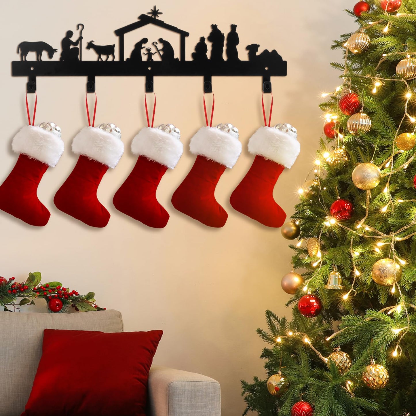 Blulu 1 Pcs Christmas Stocking Wall Rack with Hangers Holder Stand Metal Stocking Hangers Mantel Wall Mount Hook Holder for Mantle Entryway Holiday, Black (Nativity)