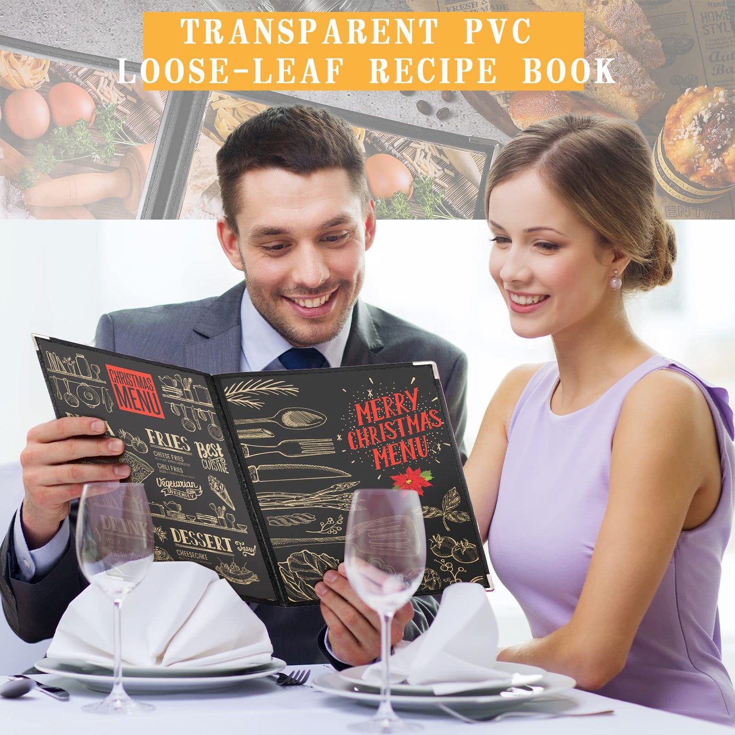 Henoyso 20 Pcs 8.5 x 11 Inch Menu Covers 4 Page 8 View Transparent Restaurant Covers Book Fits A4 Size Paper, Bar Cafe Clear Menu Holder Folder with Leatherette Trim and Decorative Corners, Black