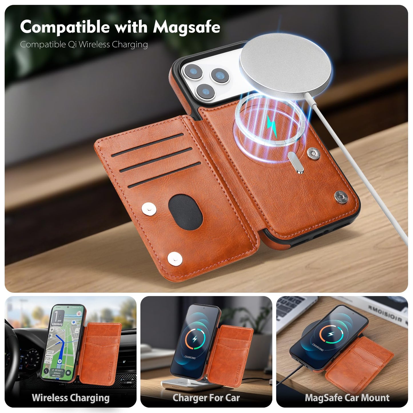 SkyEagle Compatible with Magsafe for iPhone 17 Pro Wallet Case with Card Holder,Women Men Phone Case PU Leather Kickstand Flip Protective Cover Credit Card Slots,for Apple 17 Pro,Orange