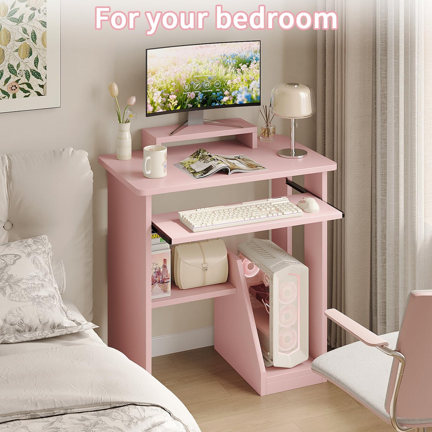 ALISENED 30" Small Computer Desk with Keyboard Tray Monitor Stand, Study Writing Desk with Storage Shelves, Modern Workstation for Small Spaces, Save Space, Pink