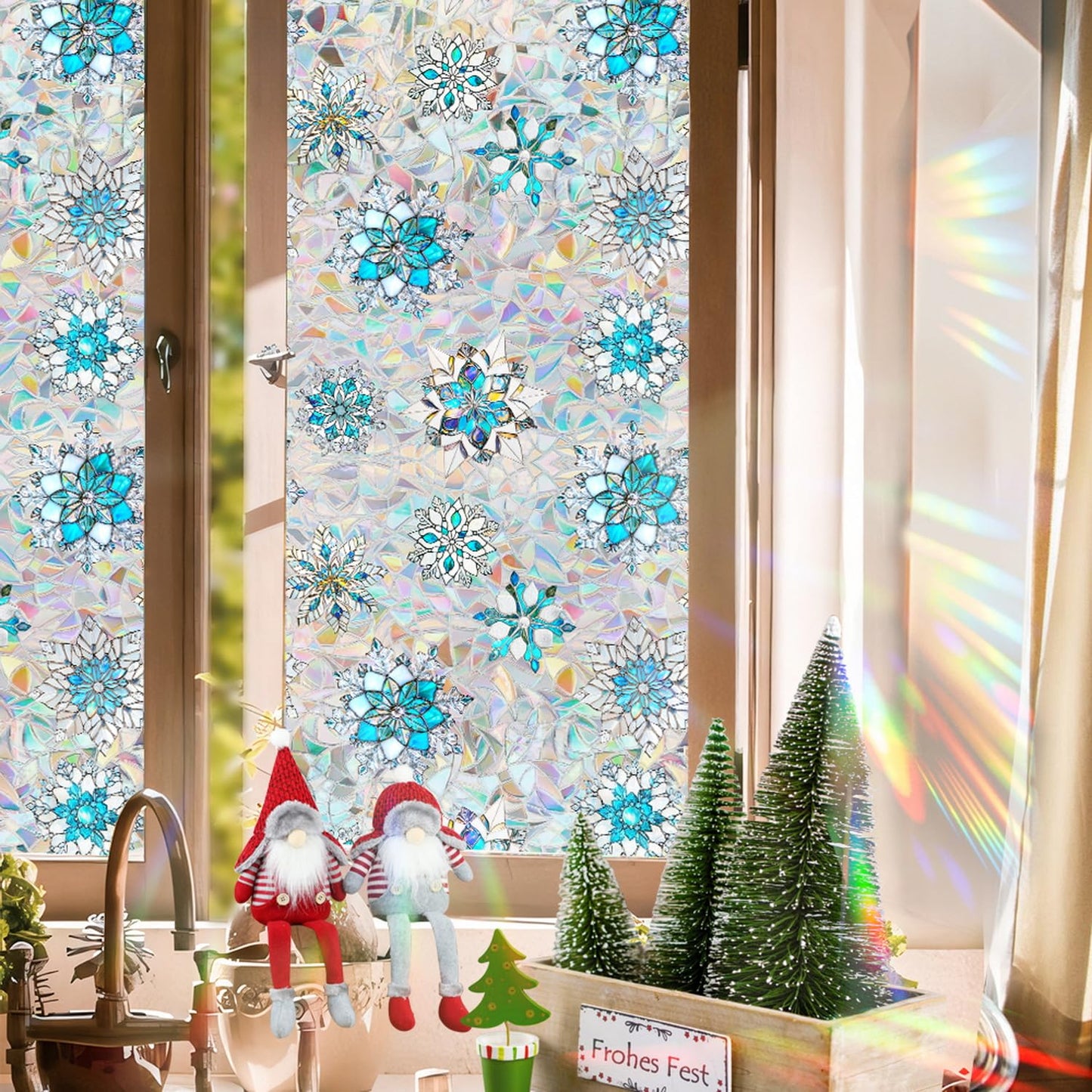 Christmas Snowflake Window Film Stained Privacy Rainbow Window Sticker Christmas Blue White Snowflake Designs Xmas Glass Decals Static Cling for Home Office School Holiday Party Decor