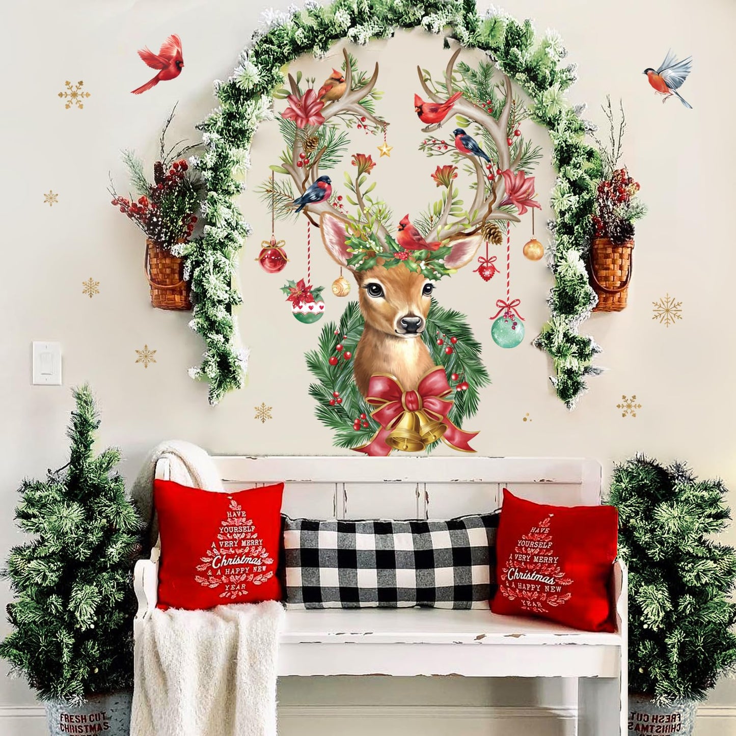 Wondever Reindeer Wall Stickers - Large Elk, Cardinal Bird, Window Art Decals for Party, Home Xmas