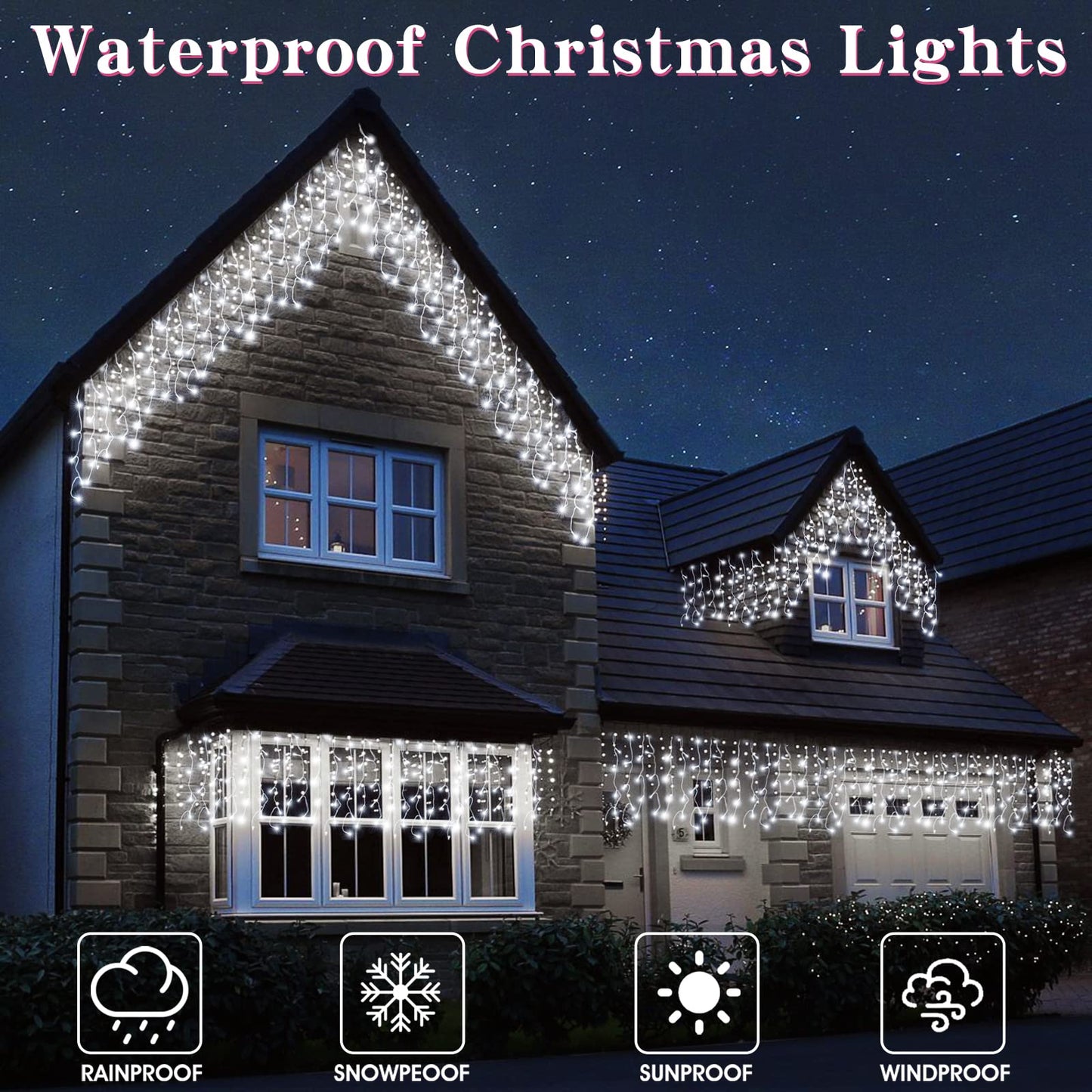 Icicle Christmas Lights Outdoor Decorations 640 LED 65.6 FT 8 Modes LED Icicle String Light with 120 Drops, Fairy String Curtain Lights for Christmas Holiday Decor Wedding Party (Cold White)