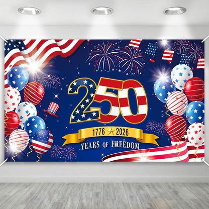 250th Anniversary American Backdrop, 4th of July Party Decorations,1776-2026 250th Birthday Fabric Banner with Grommets, Independence Day Decorations for Outdoor, Indoor, Yard, Garden, Porch