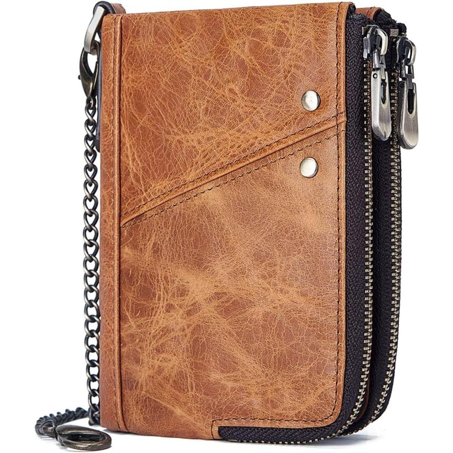 ZYLOXAR Genuine Leather Wallet for Men RFID Blocking Cowhide Vintage Chain Bifold Double Zipper Snap Closure Slim Large Capacity 12 Card Slots (Yellow)
