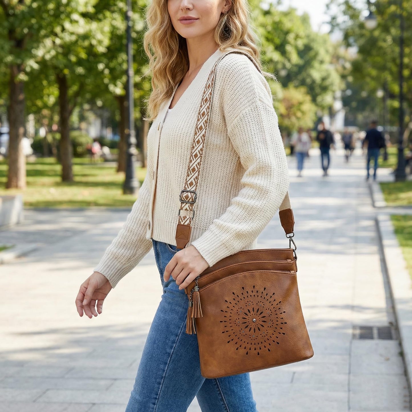 RAINSMORE Women's Medium Leather Crossbody Bag - Lightweight Purse for Weekend Shopping, Everyday Outings, Travel, Designer Trendy Shoulder Handbags with Adjustable Guitar Strap, Multiple Pockets