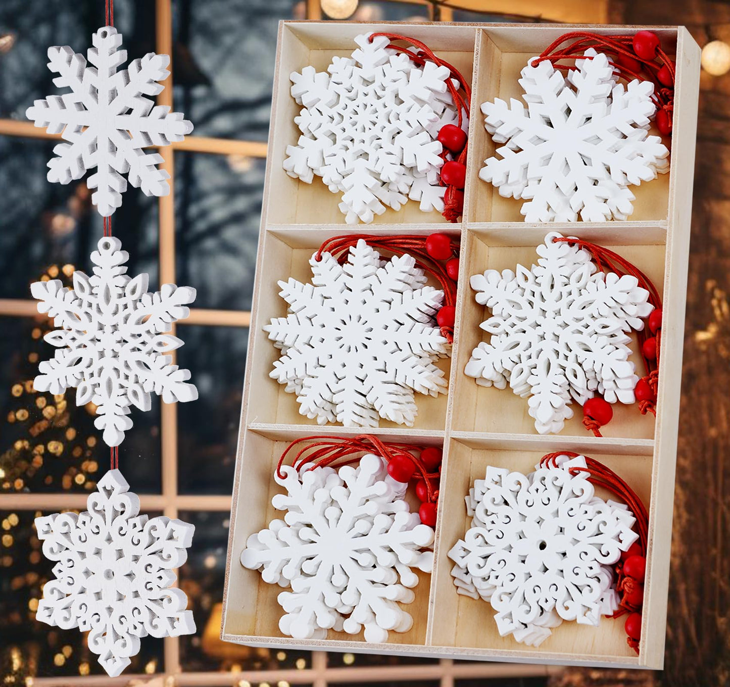 HOUÍSM 24PCS Wooden Snowflake Ornaments, White Hanging Decorations for Christmas Tree, Snowflake Christmas Ornaments Wood for Crafts 3inch