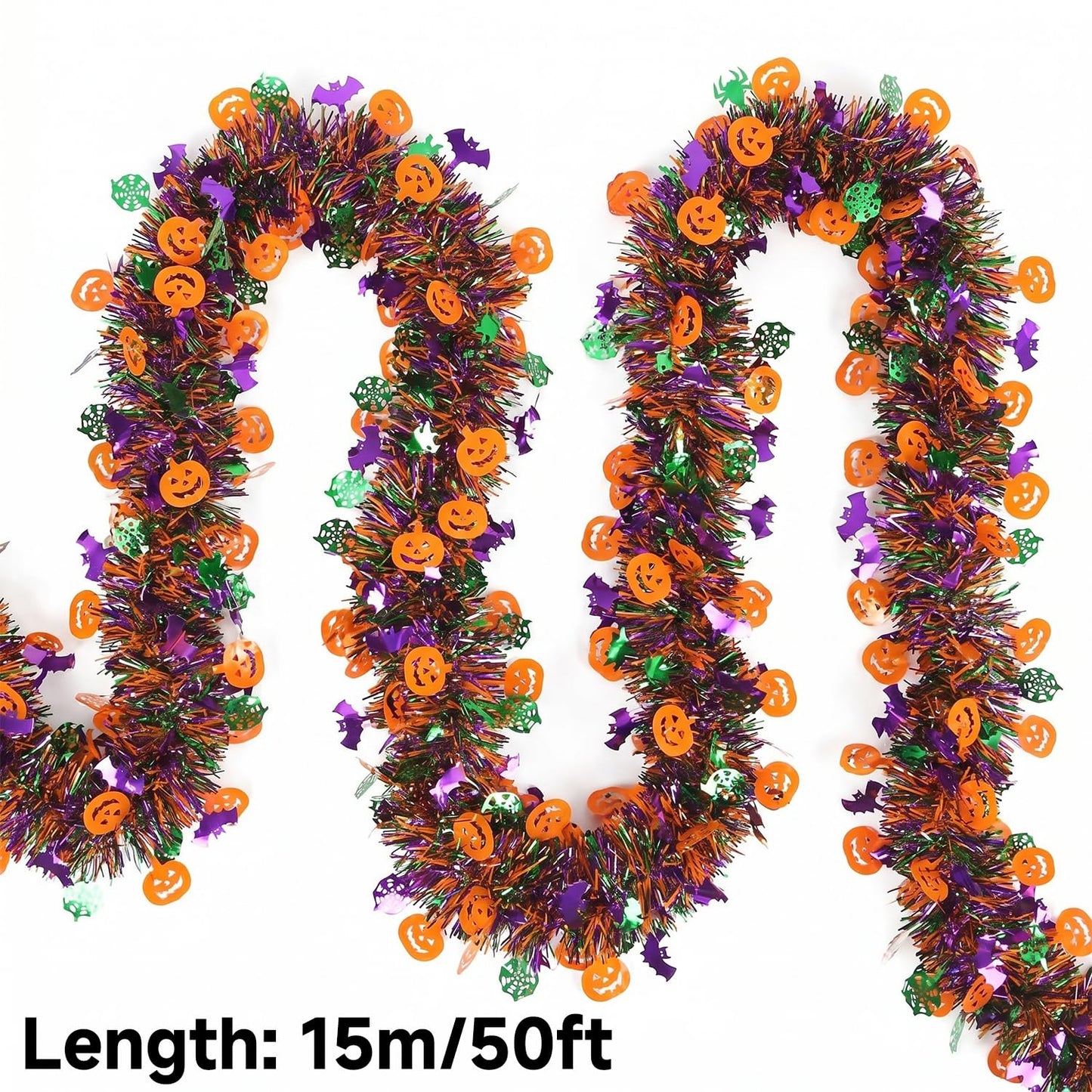 50 Ft Halloween Tinsel Garlands,Funny Pumpkin Bats Spider and Web Shiny Metallic Twist Foil Tinsel Garland Hanging Holiday Decorations for Home Indoor Outdoor Festivities Party Decor