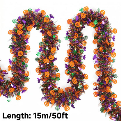 50 Ft Halloween Tinsel Garlands,Funny Pumpkin Bats Spider and Web Shiny Metallic Twist Foil Tinsel Garland Hanging Holiday Decorations for Home Indoor Outdoor Festivities Party Decor