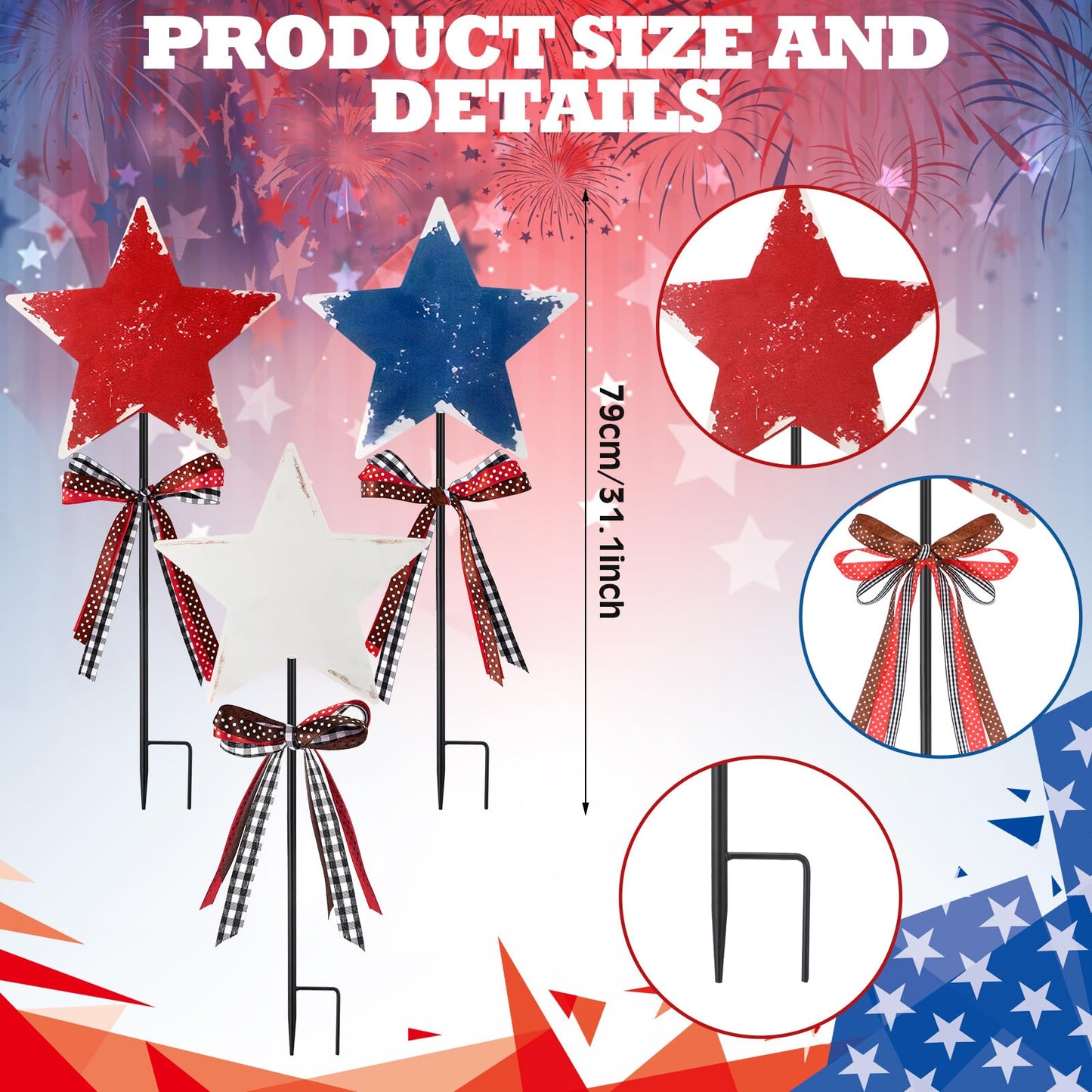 Amyhill 4th of July Outdoor Decor Patriotic Star Metal Garden Stakes Welcome Yard Signs Retro Red White Blue American Star Garden Stakes for 250th Anniversary Patio Lawn Walkway Outside Decorations