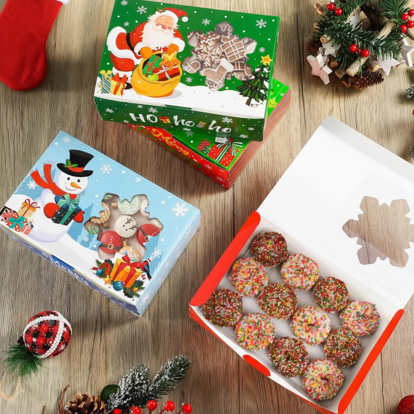 Beeveer 24 Pcs Christmas Cookie Boxes for Gift Giving Christmas Treat Boxes with Window Christmas Cookie Containers 8.7 x 5.7 x 2.8 Inch Kraft Holiday Bakery Box for Xmas Party Favor Cupcakes Candy