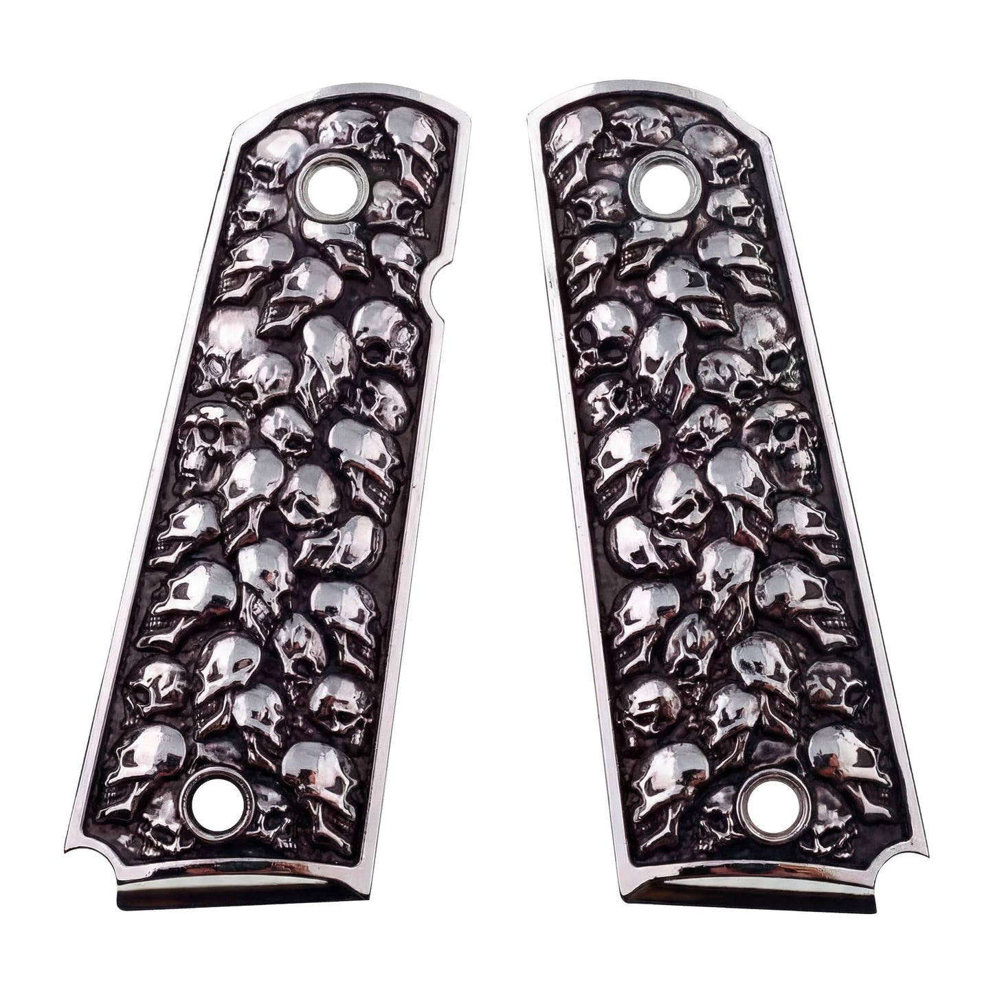 1911 Grips – Aluminum Alloy Pewter Finish Skull Design – Compatible with Colt, Kimber, Springfield, Rock Island, S&W and 1911 Government Model Clones – Full Size Frame, No Ambi Safety