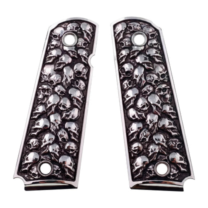 1911 Grips – Aluminum Alloy Pewter Finish Skull Design – Compatible with Colt, Kimber, Springfield, Rock Island, S&W and 1911 Government Model Clones – Full Size Frame, No Ambi Safety