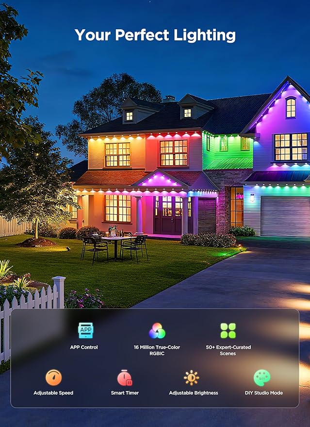 Permanent Outdoor Lights, 150FT with 96 Smart RGBIC LED Lights, DIY Scene Mode, IP68 Waterproof Christmas Lights for Daily and Accent Lighting, Outdoor Decor, House Roof, Holiday Decorations