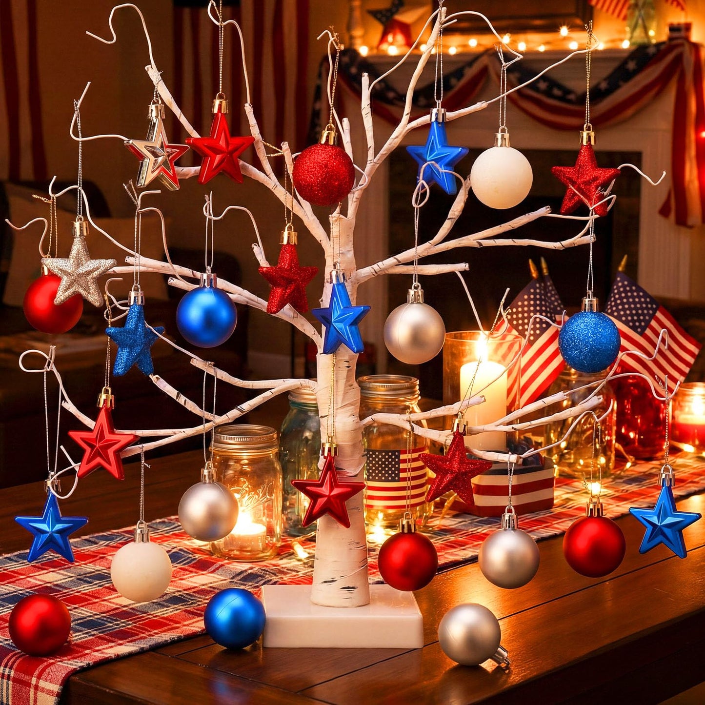 Janinka 60 Pcs Patriotic Star Ornaments 4th of July Hanging Star Balls 250th Anniversary Red White and Blue Stars Balls Ornaments for USA Veteran Independence Day Decor