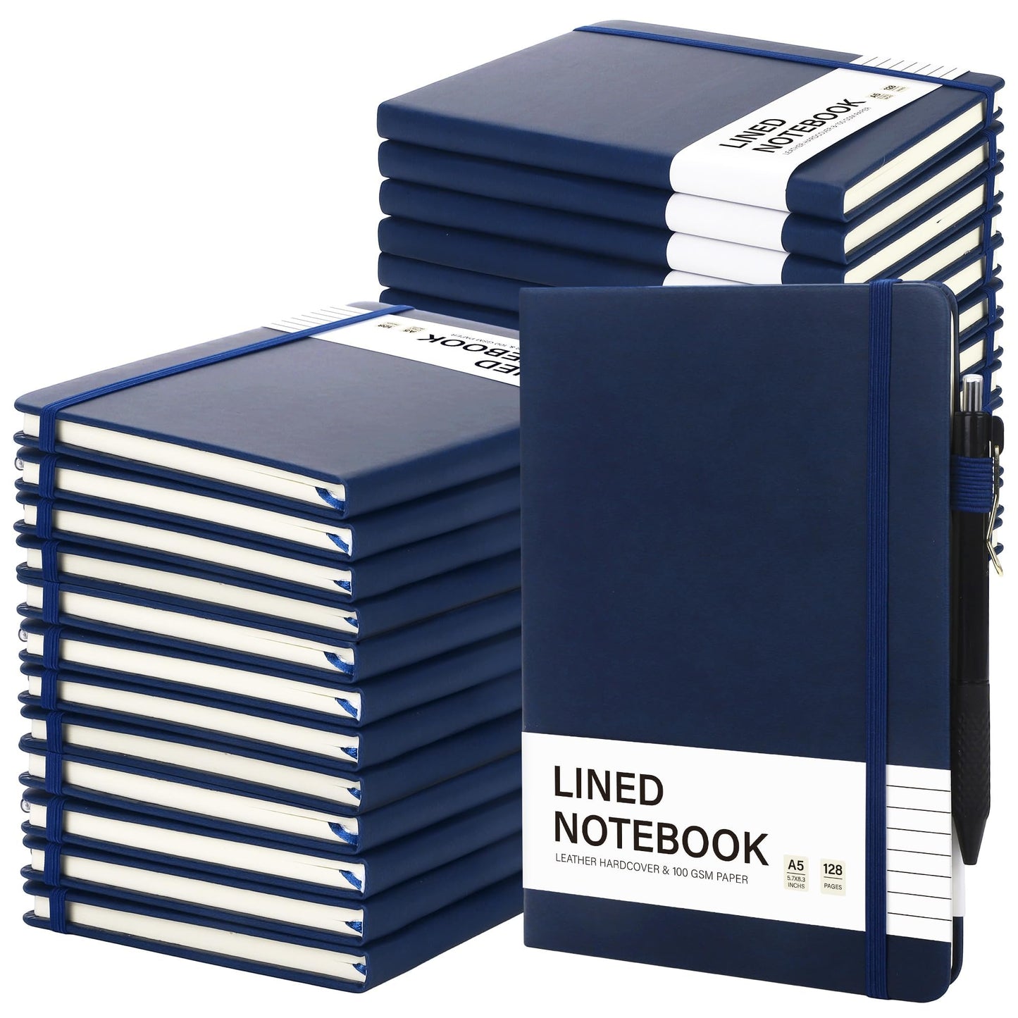 Aodaer 30 Set Lined Notebook Journals with Pens A5 Notebooks 100 GSM College Ruled Hardcover Notebook PU Leather Notepad with Pen Holder for Office School, 5.7 x 8.3 Inches, Navy Blue