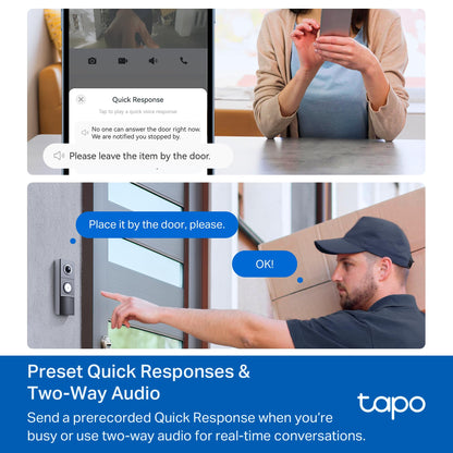 TP-Link Tapo Smart Video Doorbell Camera with Chime, Battery or Wired, 2K QHD Color Night Vison, No Monthly Fee, 180° Ultra-Wide Head-to-Toe View, Ring Call, Free AI Detection, Local Storage (D225)