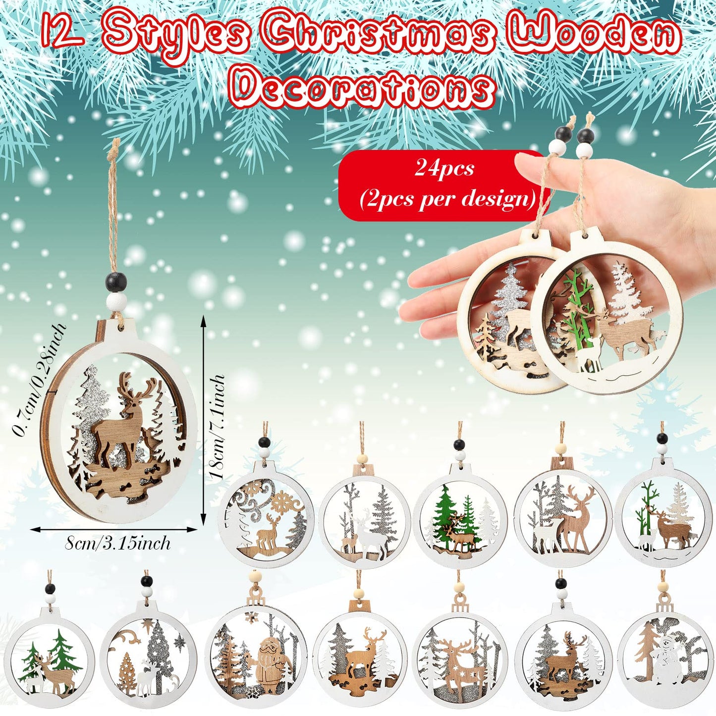 Coume 24 Pcs Christmas Wooden Ornaments Christmas Tree Ornaments Hollow Winter Wood Craved Hanging Craft Decorations Farmhouse Rustic 3D Glitter Reindeer Santa Snowman, 12 Designs