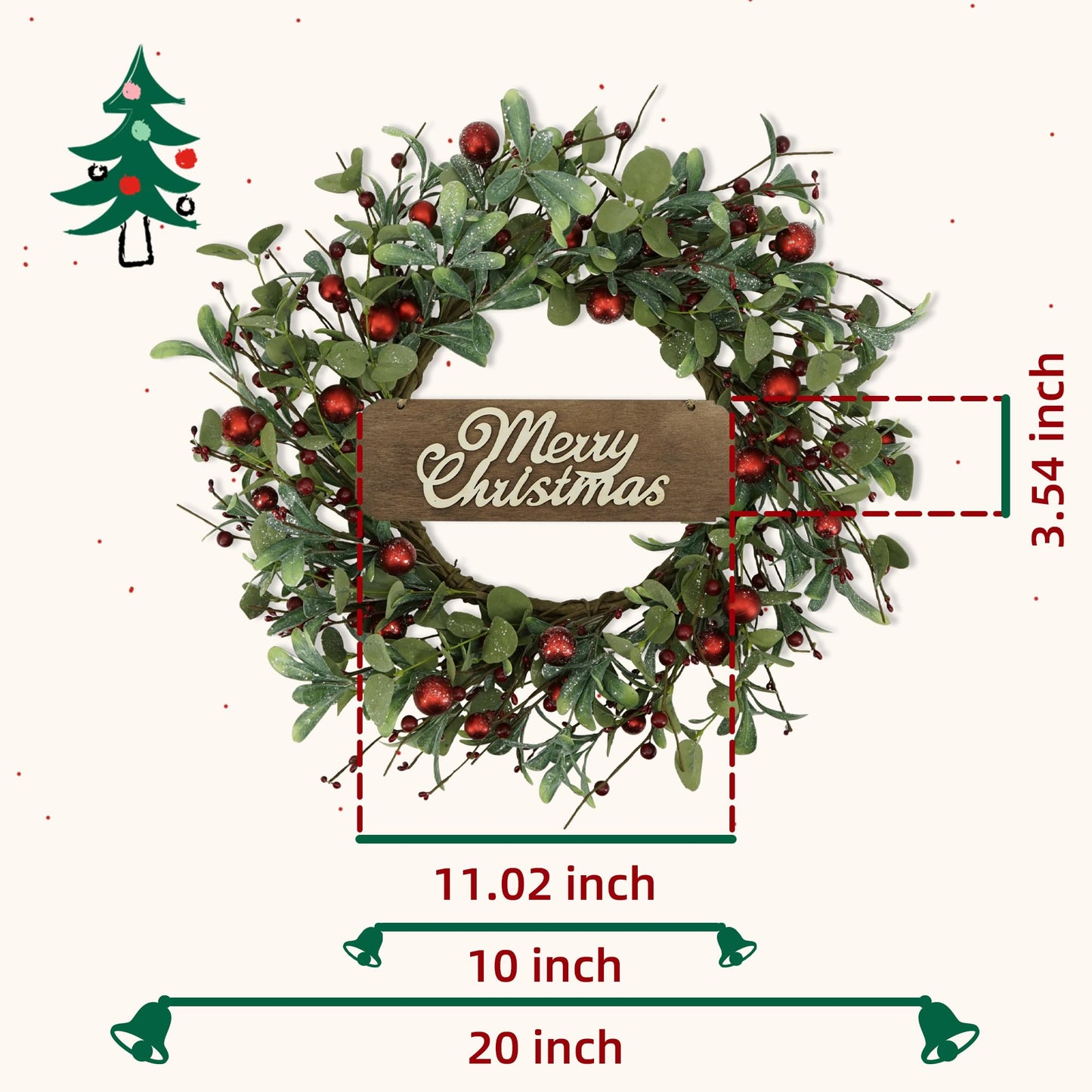 YNYLCHMX 20 Inch Christmas Wreath for Front Door, Winter Wreath with Welcome Sign Eucalyptus leaves Red Berry, Artificial Door Xmas Wreaths for Window Wall Fireplace Farmhouse Holiday Party Decoration
