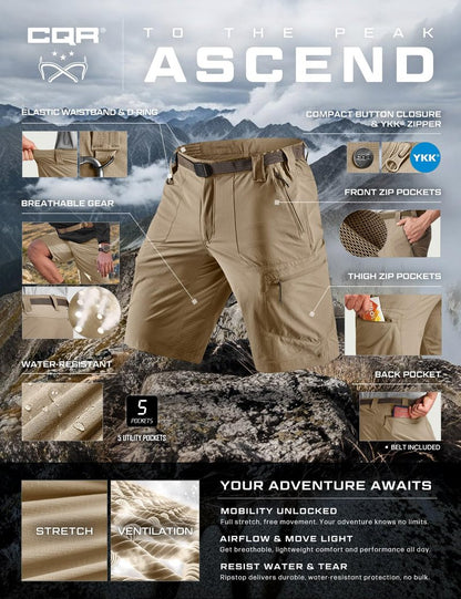 CQR Men's Quick Dry Stretch Hiking Cargo Shorts, Lightweight Water Resistant Tactical Casual, Golf & Outdoor with Pockets, Peak Alamo Khaki, 34W x 10L