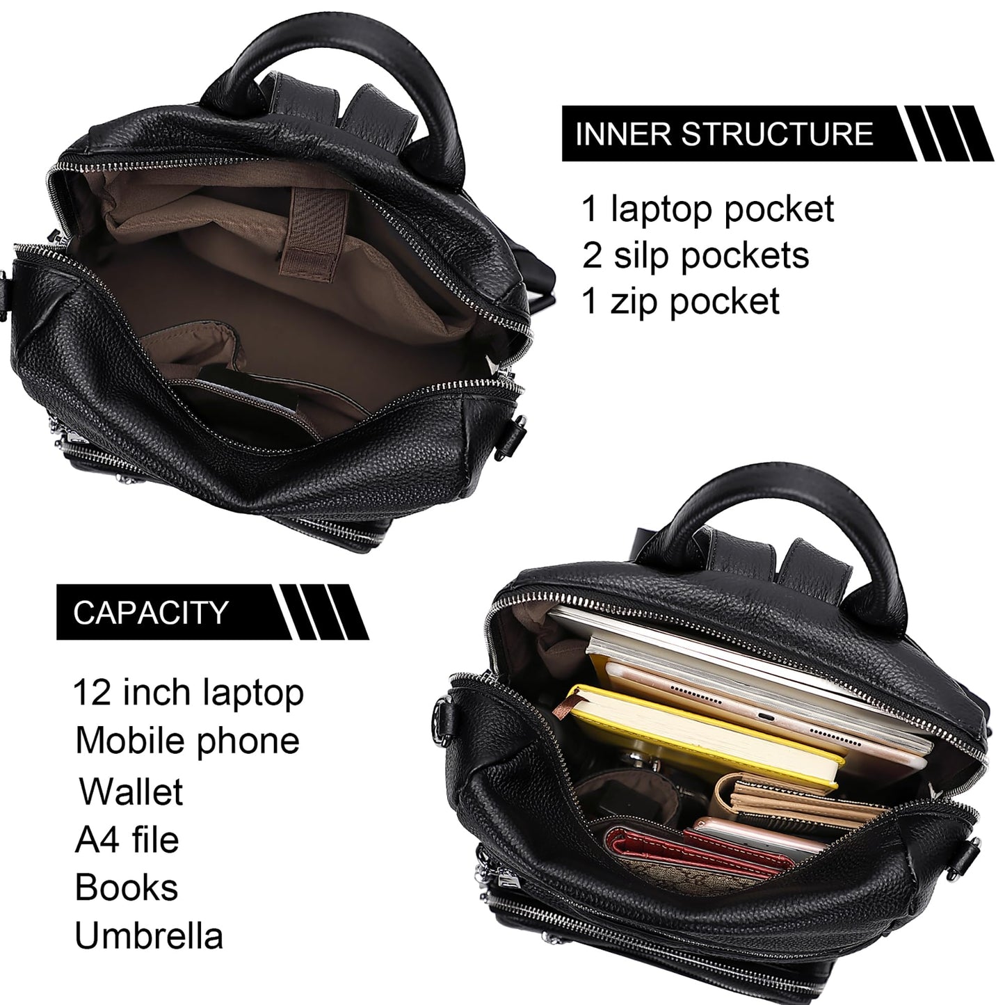 ALTOSY Genuine Leather Backpack Purse for Women Large Shoulder Bag With Laptop Compartment Multiple Pockets(S106 Black)
