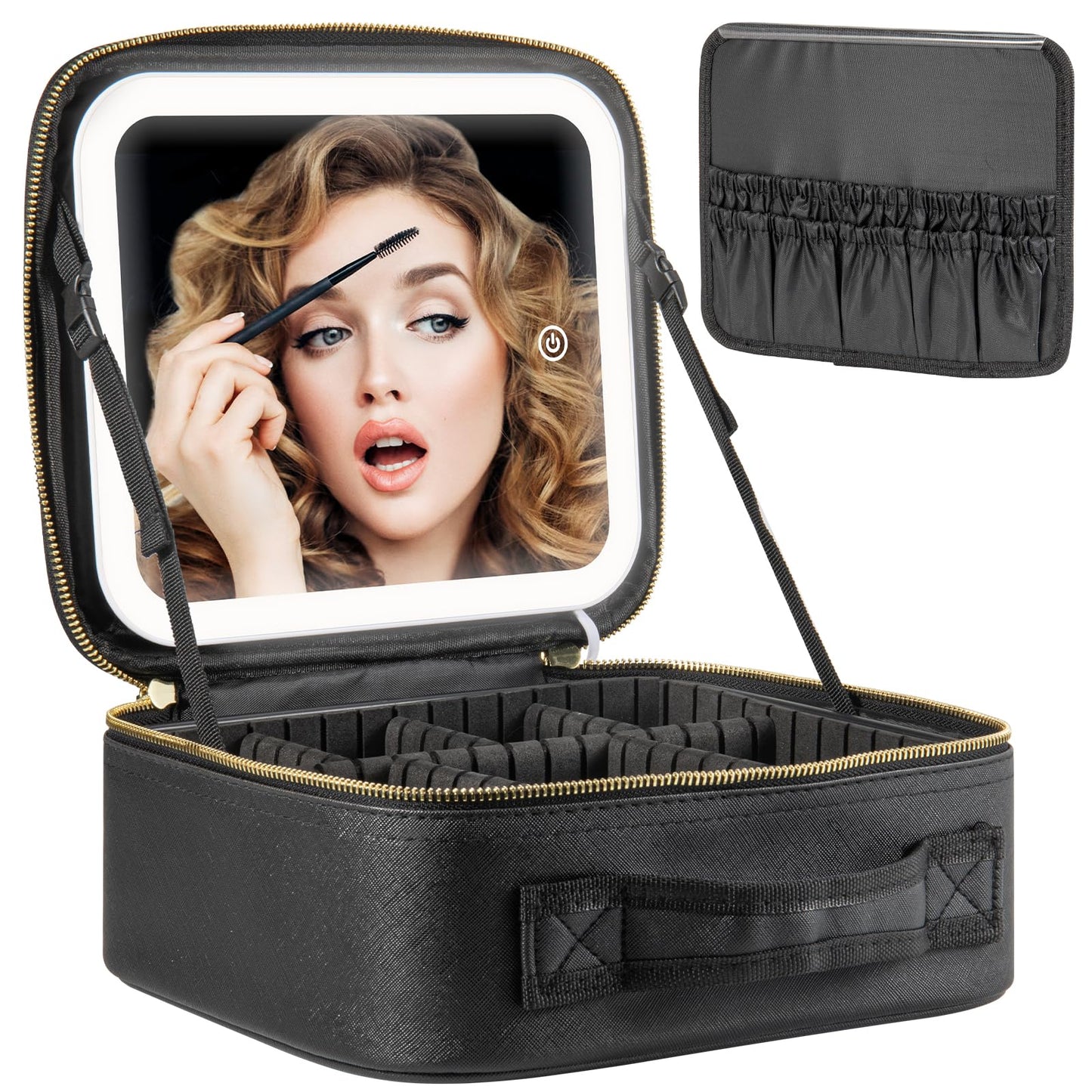 Extrei Gent Makeup Travel Train Case with Mirror LED Light 3 Adjustable Brightness Large Cosmetic Bag Portable Storage Adjustable Partition Waterproof Makeup Brushes Make up Jewelry Gift for Women