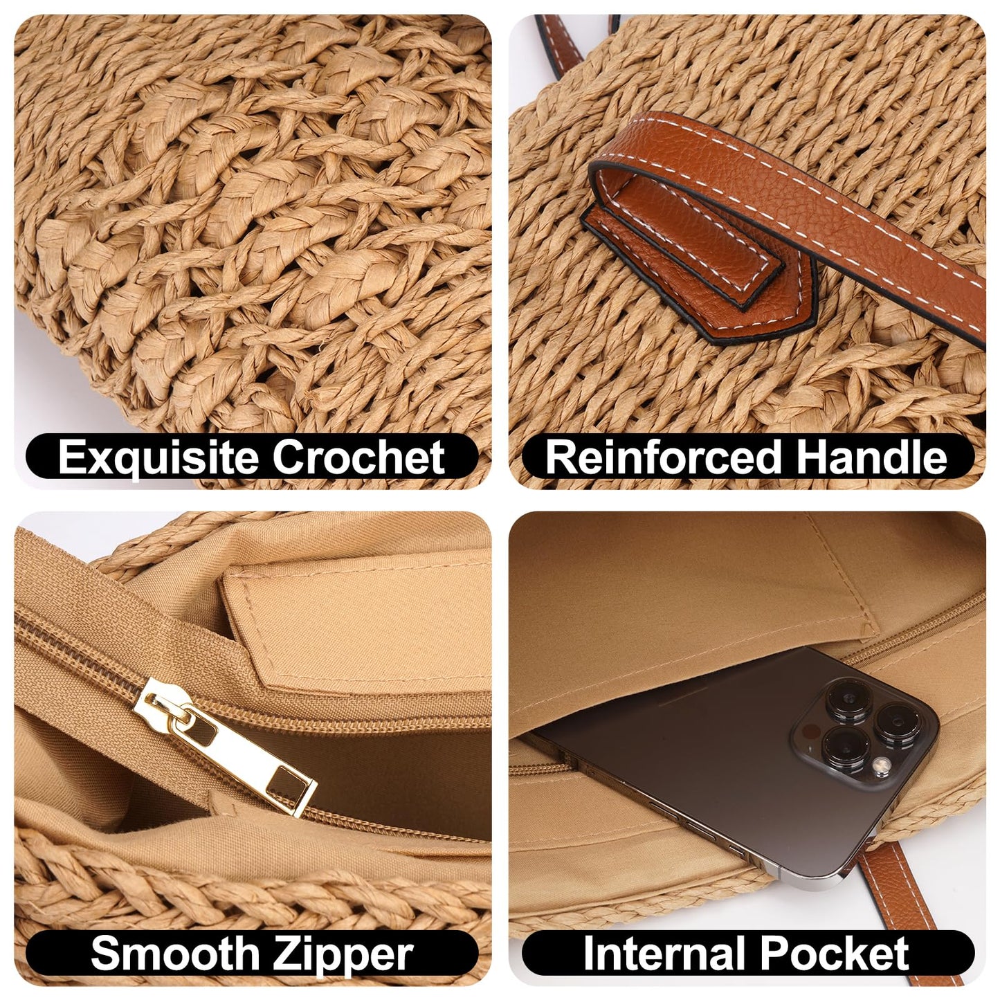 Aodse Beach Bags for Women, Summer Straw Beach Bag with Zipper Pocket, Durable Straw Tote Bag Shoulder Handbags for Beach, Travel, Vacation, Shopping （Khaki）