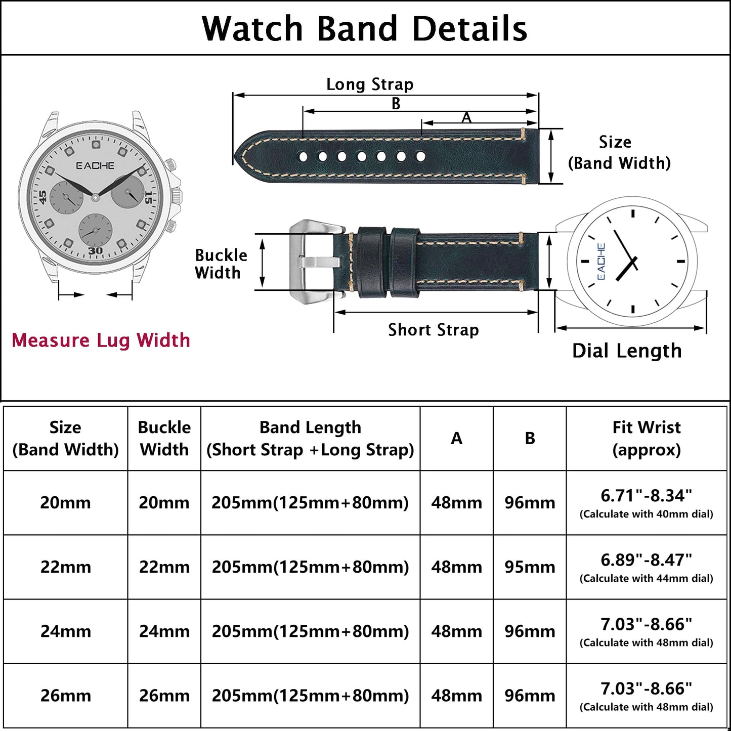 EACHE Mens Leather Watch Band, Crazy Horse Genuine Leather Watchband 22mm Watch Straps in Dark Brown