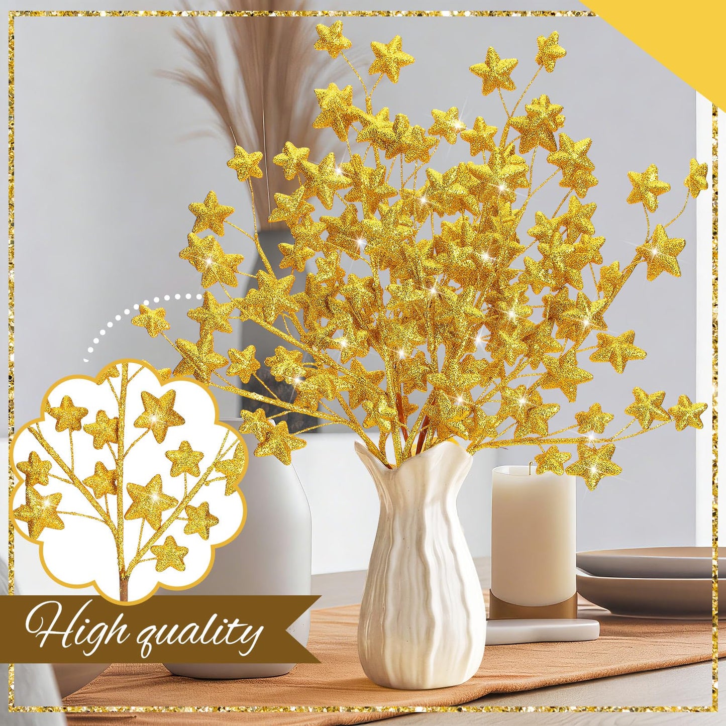 Rivvlive 6 Pcs Glitter Star Picks 17.7 Inch Sparkly Star Tree Stem Picks Twinkle Sticks Foam Vase Table Craft Decoration for Christmas Birthday Party Wedding Centerpieces (Gold)