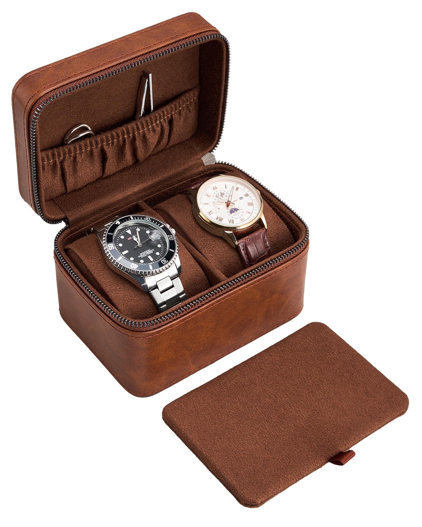 ProCase 2-Slot Watch Travel Case for Men, PU Leather Portable Watch Holder, Compact Small Carrying Storage Box for Luxury Watches & Smartwatches with Jewelry Compartment, Fathers Day Gift -Brown
