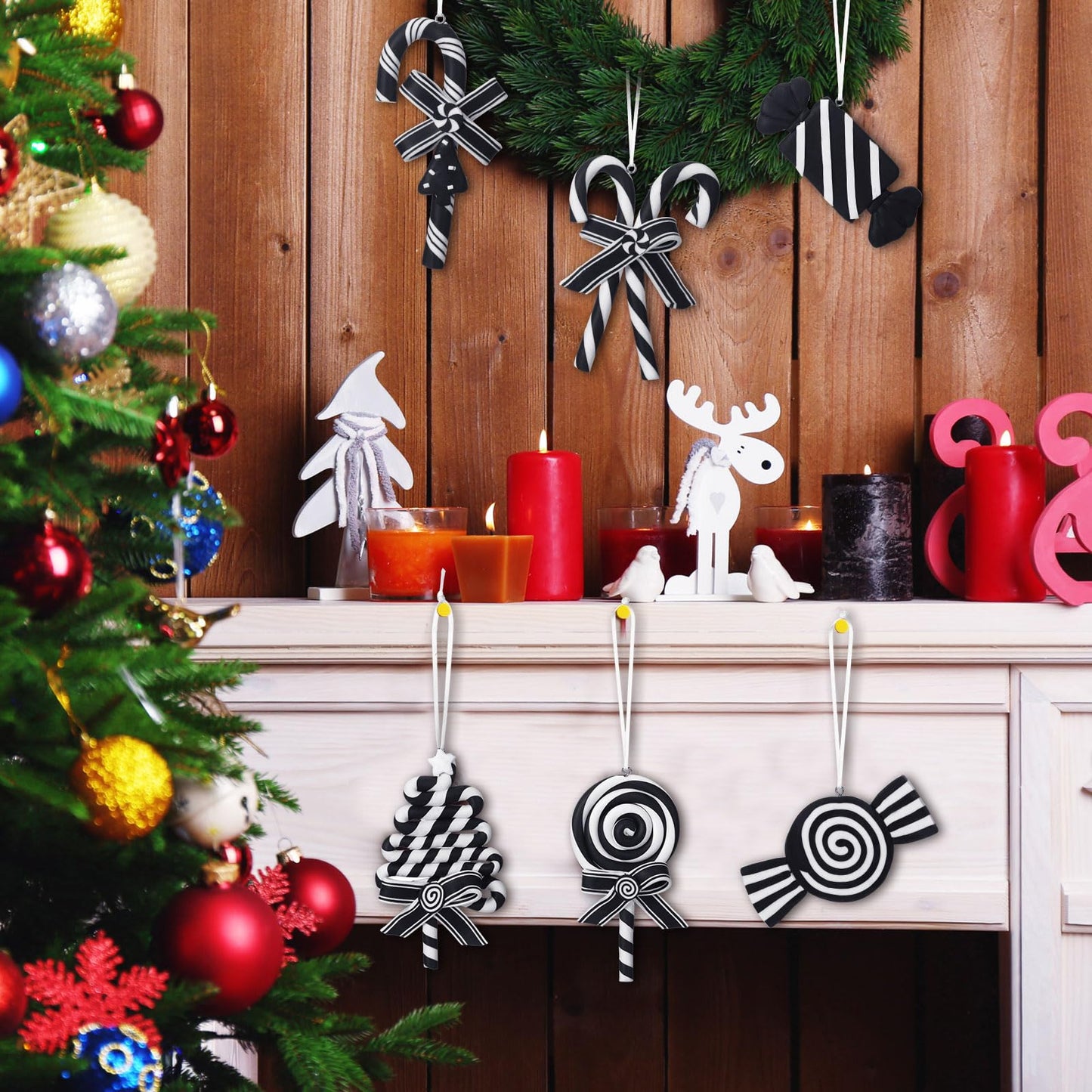 Blulu 6 Pcs Christmas Black and White Candy Cane Lollipop Hanging Ornaments Tree Picks Decorations Polymer Clay Peppermint Winter Holiday Xmas Party Supplies for Wreaths Christmas Trees Accessories