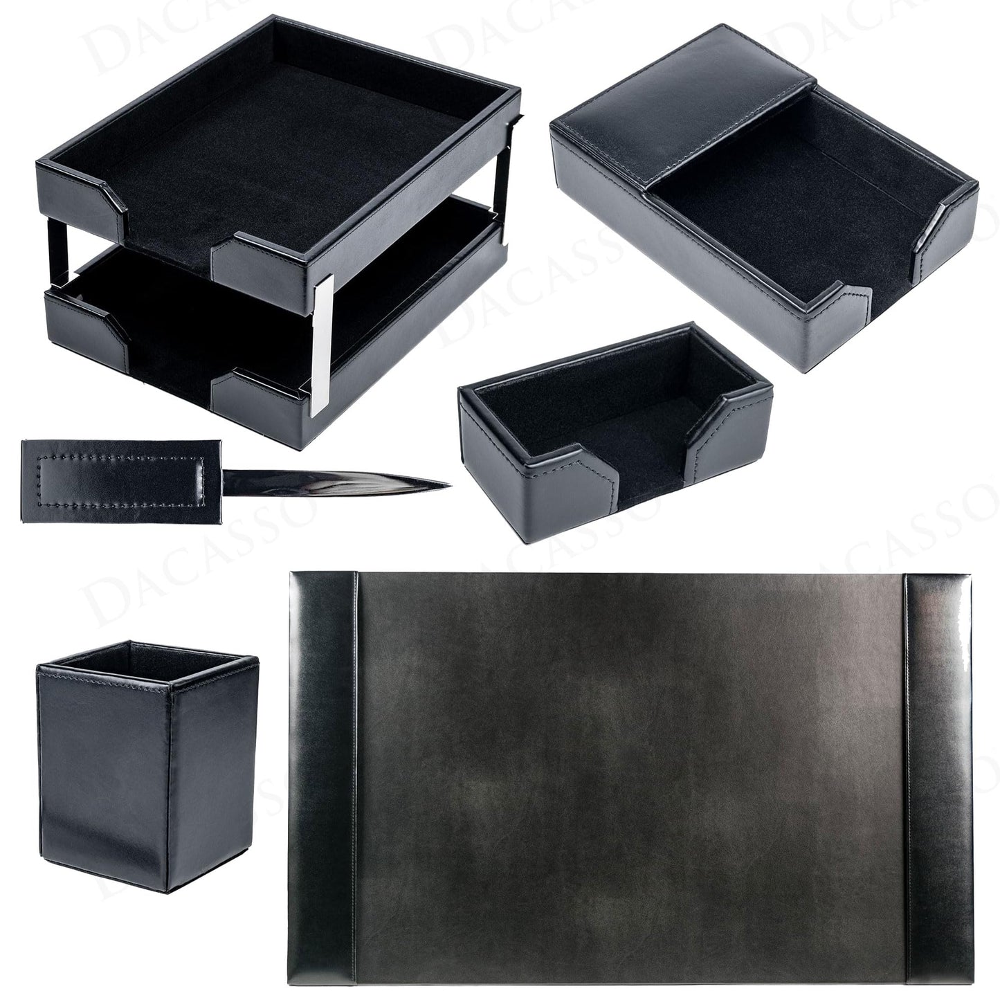 Dacasso Black Bonded Leather 8-Piece Desk Accessory Set - Organization Essentials & Executive Decor - Luxury Leather Blotter for Office Organization