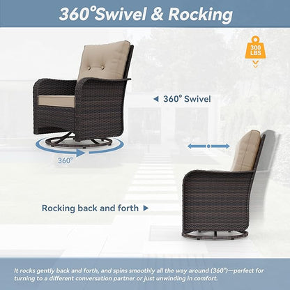 Kurapika 5 Pieces Patio Furniture Set, Rattan Wicker Outdoor Conversation Sets, 4 Woven Rattan Swivel Chairs w/48in Propane Fire Pit Table and Thickened Cushions, Sand