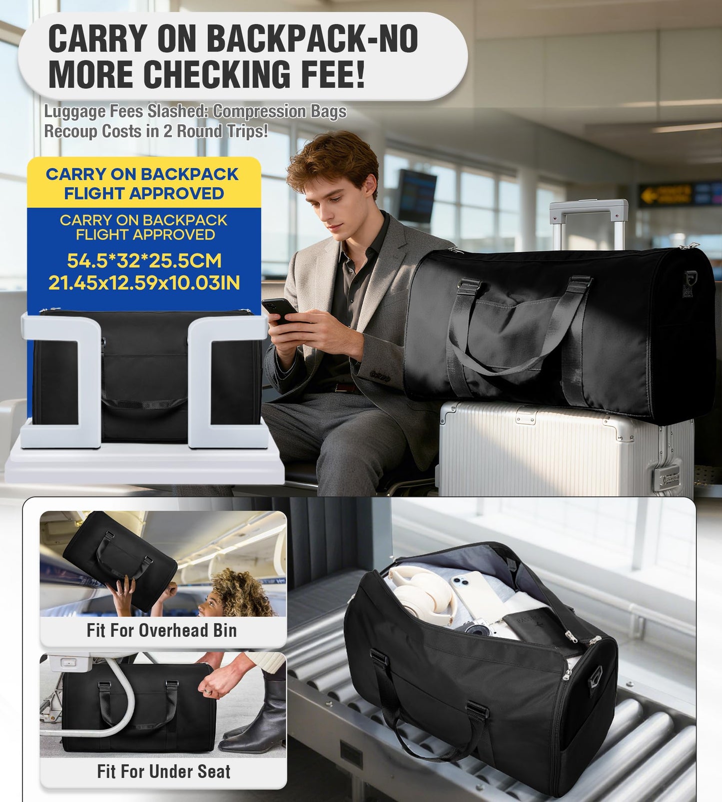 Convertible Garment Duffle Bags for Travel, Carry On Garment Bag for Women Men 2 in 1 Hanging Suit Bag, Large Weekender Bags for Business Trip Wedding Hanging Clothes Black