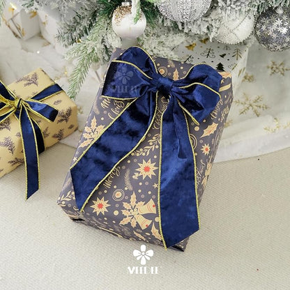 MEEDEE Navy Blue and Gold Velvet Ribbon 2.5 inch Thick Velvet Wired Edge 10 Yards Spool Two Tone Ribbon for Christmas Tree, Gift Wrapping, Wreaths, Bows, Swags, Crafts Supply