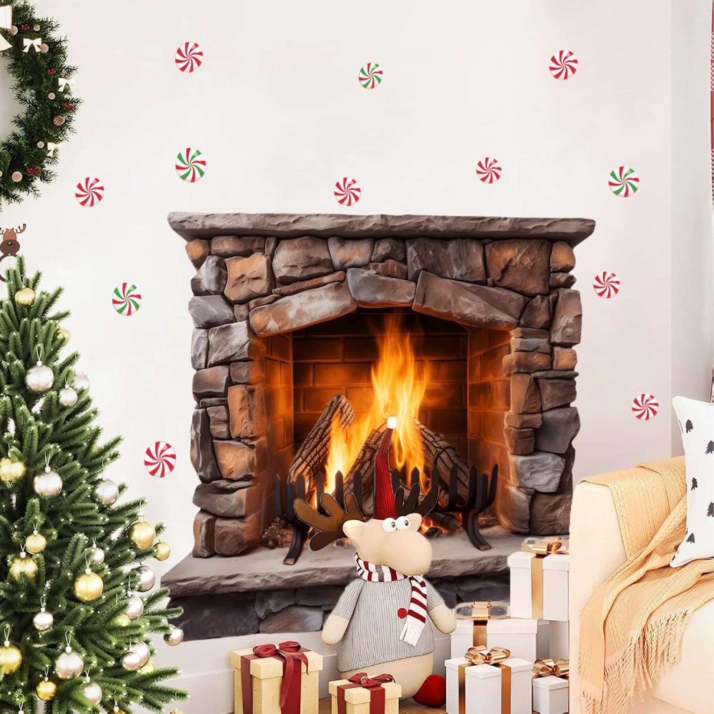 Large Christmas Wall Decals Christmas Wall Decoration Vinyl Sticker Peel and Stick Indoor Xmas Fireplace Decal for Walls Removable Peppermints Xmas Art Murals for Living Room Holiday Xmas Party Supply