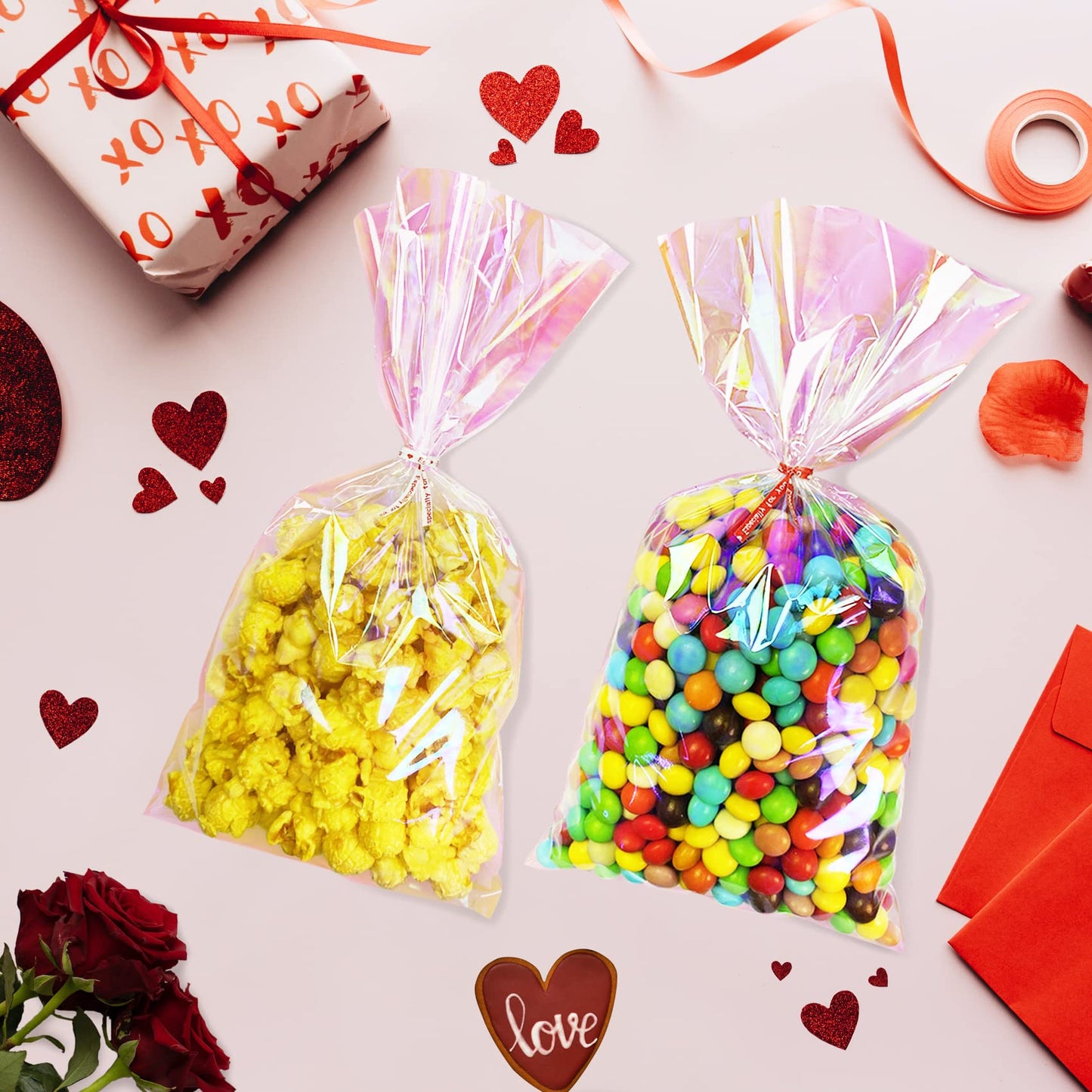 Yotelab Iridescent Holographic Cellophane Treat Bags, 6x12 Inches, Party Favors with Twist Ties, 100 Pieces