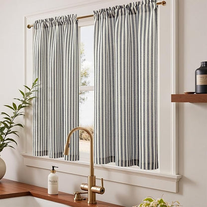 jinchan Striped Linen Kitchen Curtains 45 Inches Tier Curtains Farmhouse Modern Cafe Style Small Window Treatments Airy Light Filtering Rod Pocket for Living Room Bathroom 2 Panels Charcoal Grey
