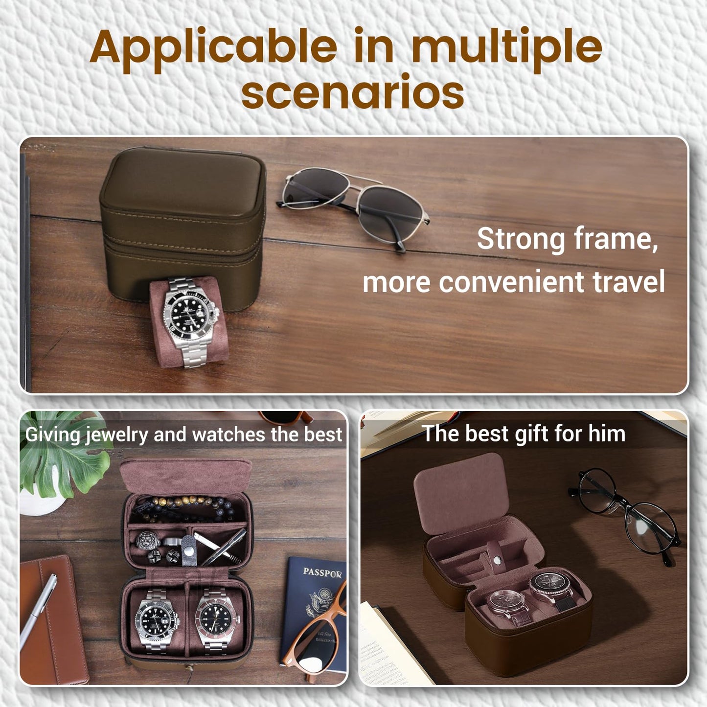 CONBOLA Watch Case for Men - Travel Watch Box for 2 Watches & Smartwatches - Travel Jewelry Case with Accessory Compartment - Compact PU Leather Watch Box for Men & Travel Essentials Organizer