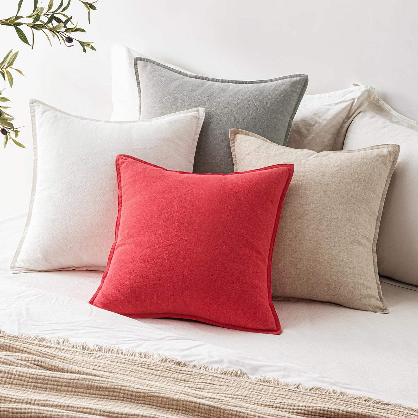 EMEMA Christmas Throw Pillow Covers Decorative Linen Pillow Covers 24x24 Inch Red Boho Farmhouse Neutral Couch Throw Pillows for Bed Pack of 2 Accent Pillowcase Modern Sofa Cushion Livingroom Home