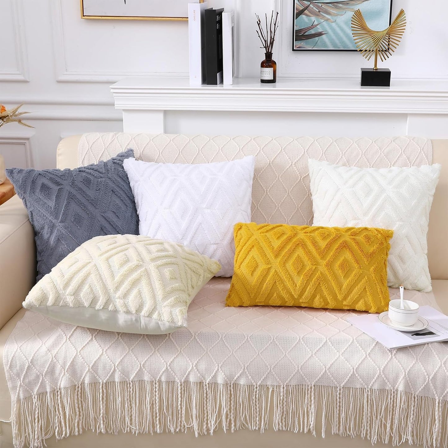 Pallene Christmas Cream White Throw Pillow Covers 26x26 Set of 2, Soft Plush Faux Fur Decorative Couch Pillow Covers for Sofa Bed Living Room Pillow Cases with 3D Diamond Pattern