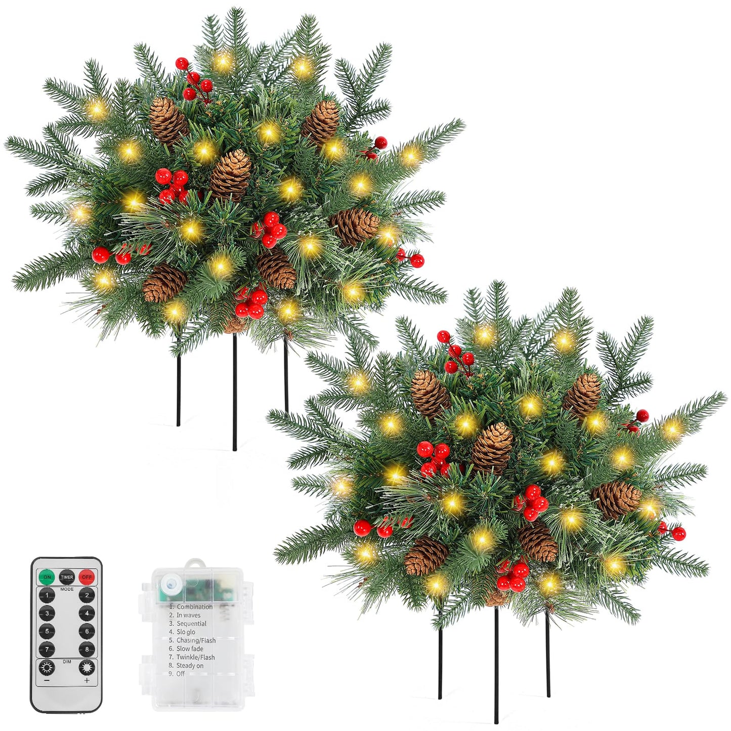 Lighted Artificial Christmas Urn Filler, 2 Pack Small Xmas Pine Tree Outdoor Decorations with Cones, Red Berries & 50 LED Lights, Light Up Planter Filler Decor for Porch Yard, Garden, Cemetery