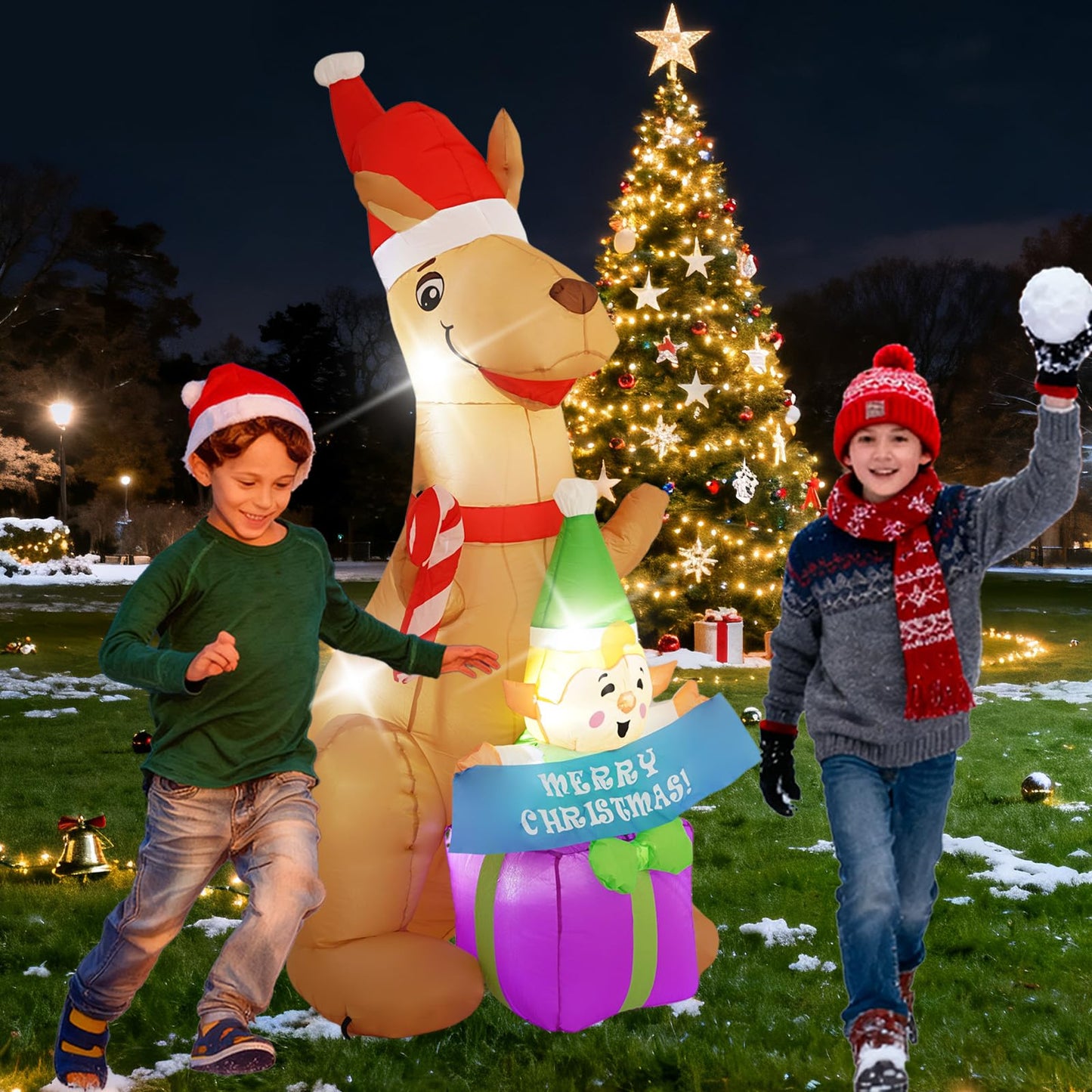 InfleasJoiy 6FT Kangaroo Afu Inflatable Decoration with Built-in LED Lights, Christmas Outdoor Inflatable Decoration for Lawns, Yards, Gardens, and Patios