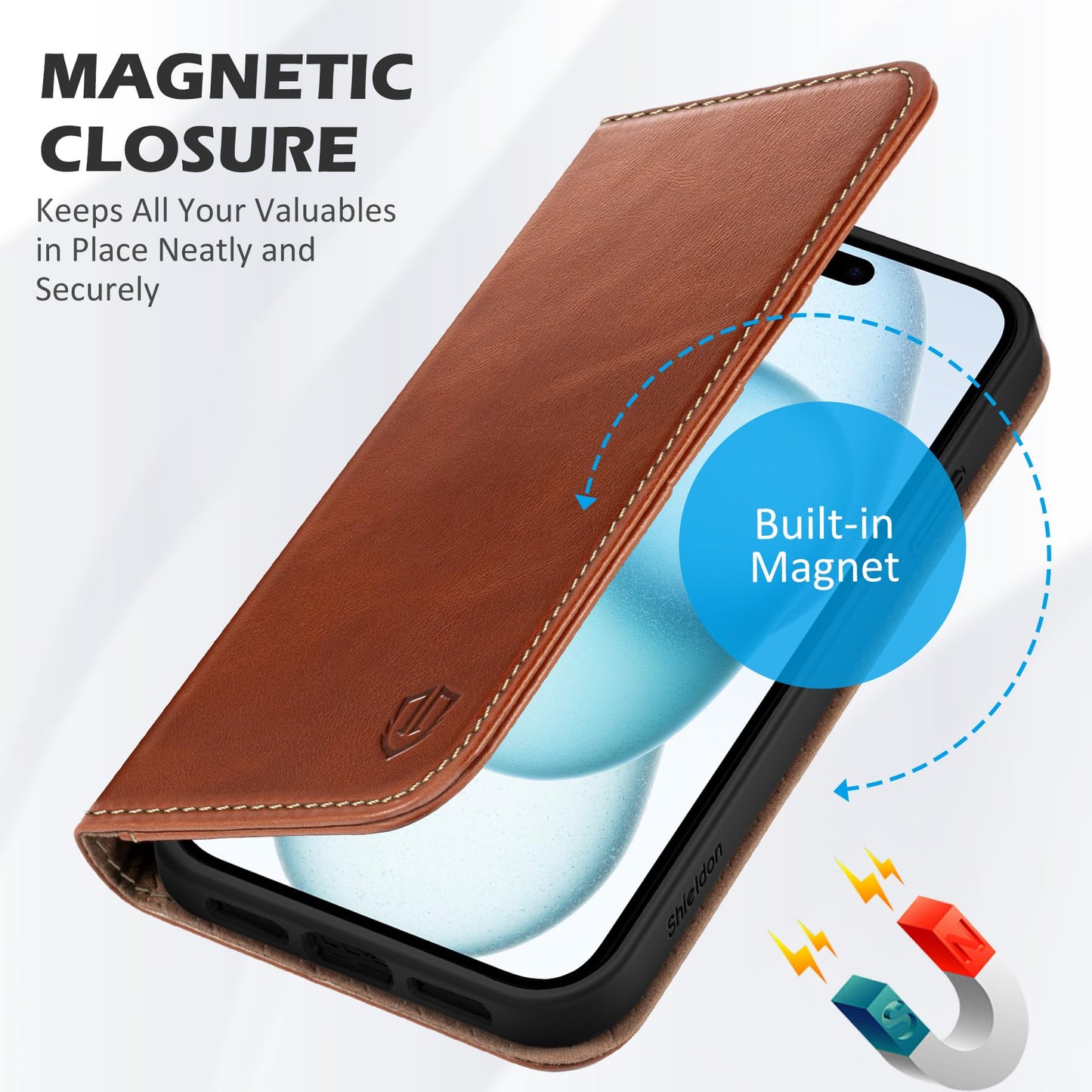 SHIELDON Case for iPhone 15 Plus 5G, Genuine Leather Wallet Magnetic Cover Kickstand RFID Blocking Credit Card Holder Shockproof Case Compatible with iPhone 15 Plus 6.7" 2023 - Retro Brown