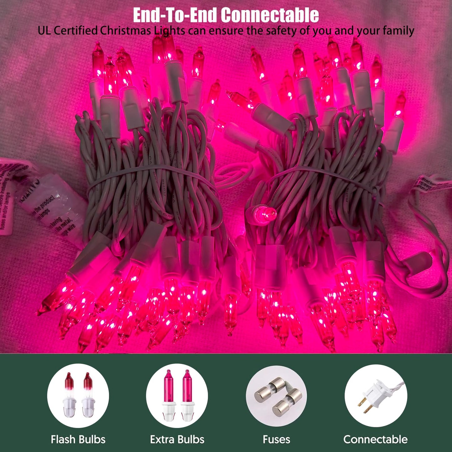 HISHINY Christmas Lights 100 Count Pink Christmas Tree String Lights with White Wire for Outdoor Indoor Christmas Decorations Wedding Decorations Valentines Day Decor,UL Certified (21feet)