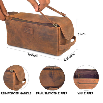 Rasavi Genuine Leather Travel Toiletry Bag for Men & Women, Handcrafted Vintage Dopp Kit, Water-Resistant Shaving & Bathroom Essentials Organizer - Distressed Brown